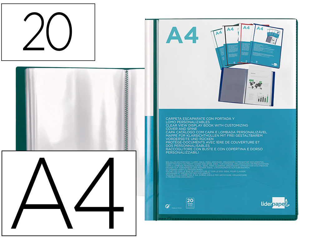 PROTEGE-DOCS LIDERPAPEL KANGOUROU PERSONNALISABLE     POLYPRO 20 POCHETTES FIXES A4 210X297MM VERT TRANSLUCIDE