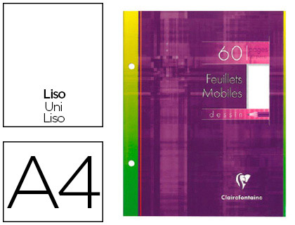 FEUILLET MOBILE CLAIREFONTAINE A4 21X29,7CM PAPIER DESSIN 60F 125G PERFOR COLORIS ASSORTIS