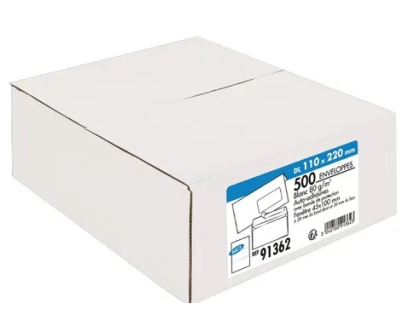 Enveloppes blanches format DL 110X220  fentre 45X100 bande adhsive X500