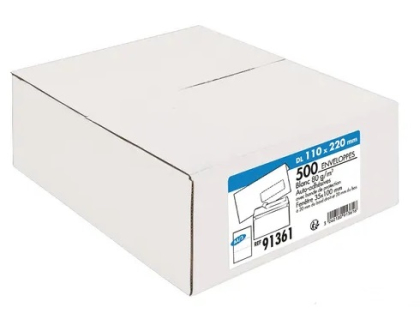 Enveloppes blanches format DL 110X220  fentre 35X100 bande adhsive X500