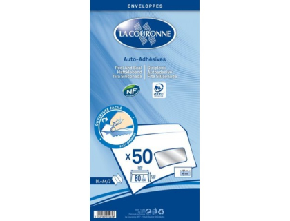 Enveloppes blanches format DL 110X220  fentre 45X100 bande adhsive X50