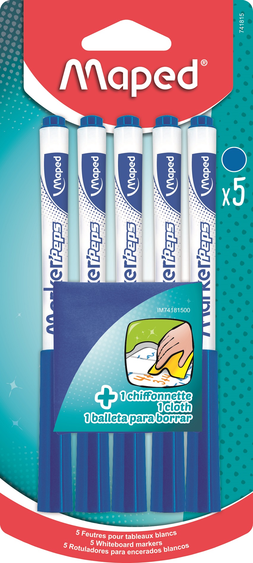 5 FEUTRES EFFACABLESA SEC MARKER'PEPS BLEU + 1 CHIFFONNETTE