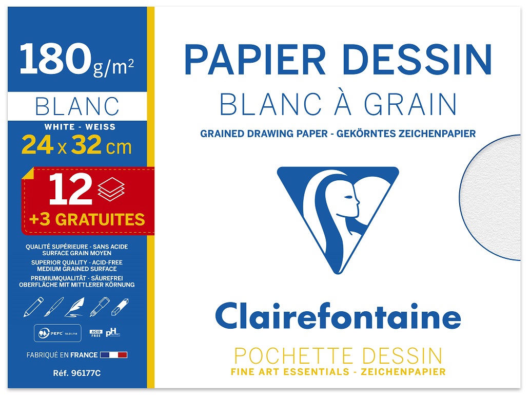 POCH PAP GRAIN DESSIN BLANC 24X32 180G 12+3