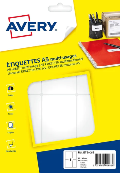 Etiquette adhsive tui A5 Avery (x16 feuilles) dim. 46x97