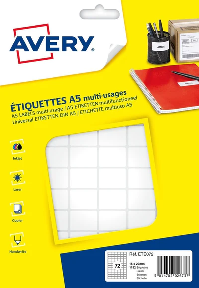 Etiquette adhsive tui A5 Avery (x16 feuilles) dim. 16x22