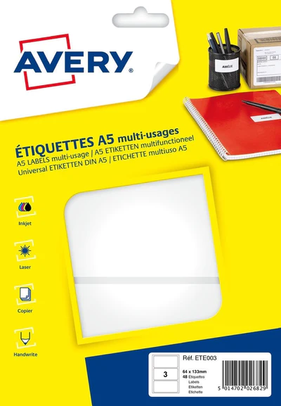 Etiquette adhsive tui A5 Avery (x16 feuilles) dim. 64x133
