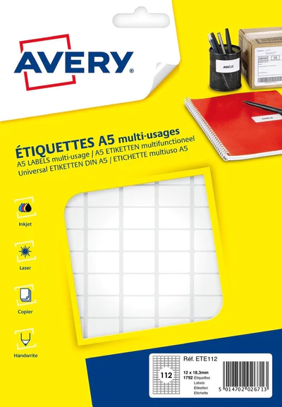 Etiquette adhsive tui A5 Avery (x16 feuilles) dim. 12x18,3