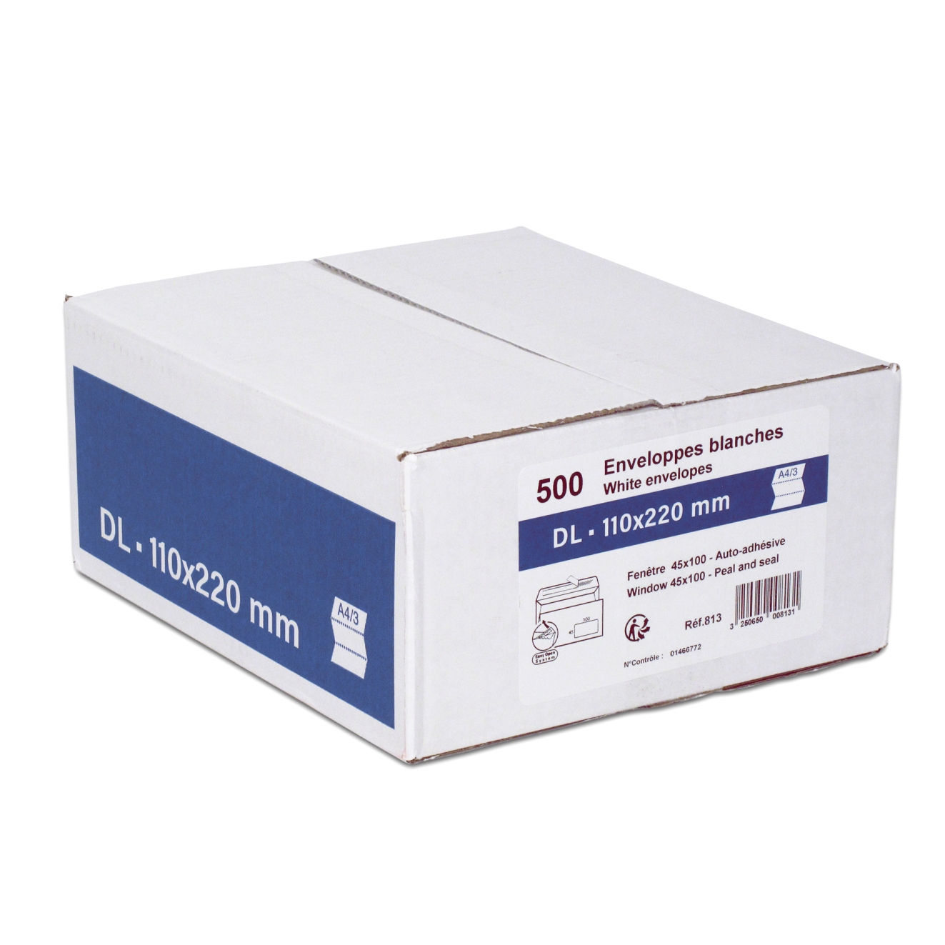 Enveloppes blanches format DL 110x220 + fentre 45x100 x500
