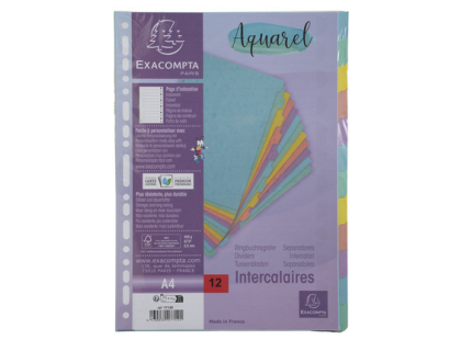 Intercalaires carte lustre 400g/m2 Aquarel 12 positions - A4 - Couleurs assorties