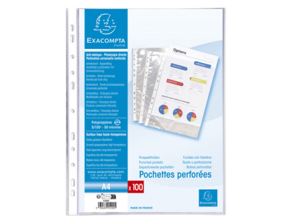 Sachet de 100 pochettes perfores polypropylne lisse 5/100e - A4. - Cristal