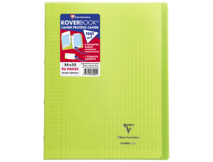 Cahier piqu Koverbook 24x32cm 96 pages grands carreaux couverture polypropylne transparent - Vert