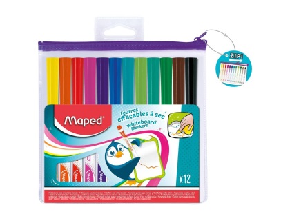 Maped - 12 Feutres Effaables  Sec Marker’Peps Fun Colors - Feutres Ardoises et Tableaux Blancs - Marqueurs Non Permanents - Pointe Medium 1,5 mm - Trousse Zippe