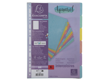 Intercalaires carte lustre 400g/m2 Aquarel 6 positions - A4 - Couleurs assorties