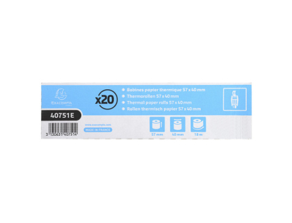 Bobine pour tickets de carte bancaire 57x40mm - 18m - 1 pli thermique 55g/m2. - Blanc