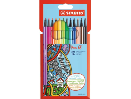 Feutre dessin - STABILO Pen 68 - tui carton x 12 feutres de coloriage pointe moyenne - Coloris classiques