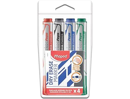 Maped - Marqueurs effaables  sec, pochette x 4 Bleu, noir, rouge,vert - Pointe ogive large 2mm - Tableaux blancs, ardoises et surfaces non poreuses